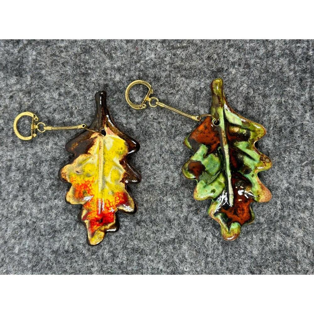 2 Vintage Ceramic Leaf Keychains Fall Orange Green Back